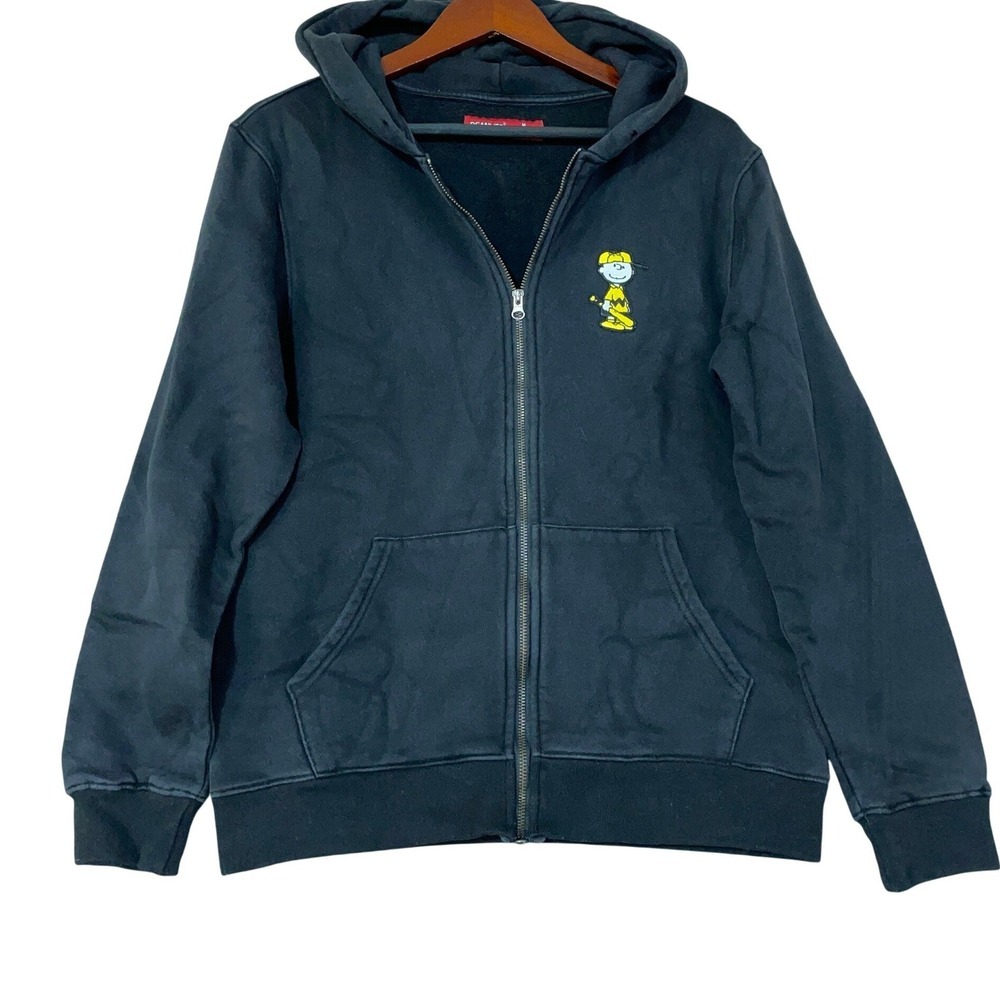 Peanuts Men's M Black Faded Charlie Brown Zip Up Hoodie Cotton